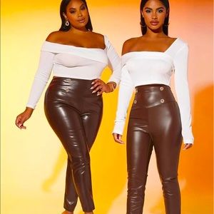 PLUS SIZE BROWN HIGH WAIST DOUBLE BREASTED PU PANT